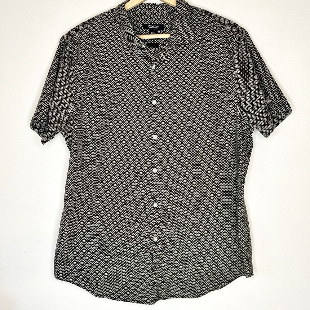 Structure Slim Button Up‎ Shirt Men's Large Short Sleeve Black & Gray geometric